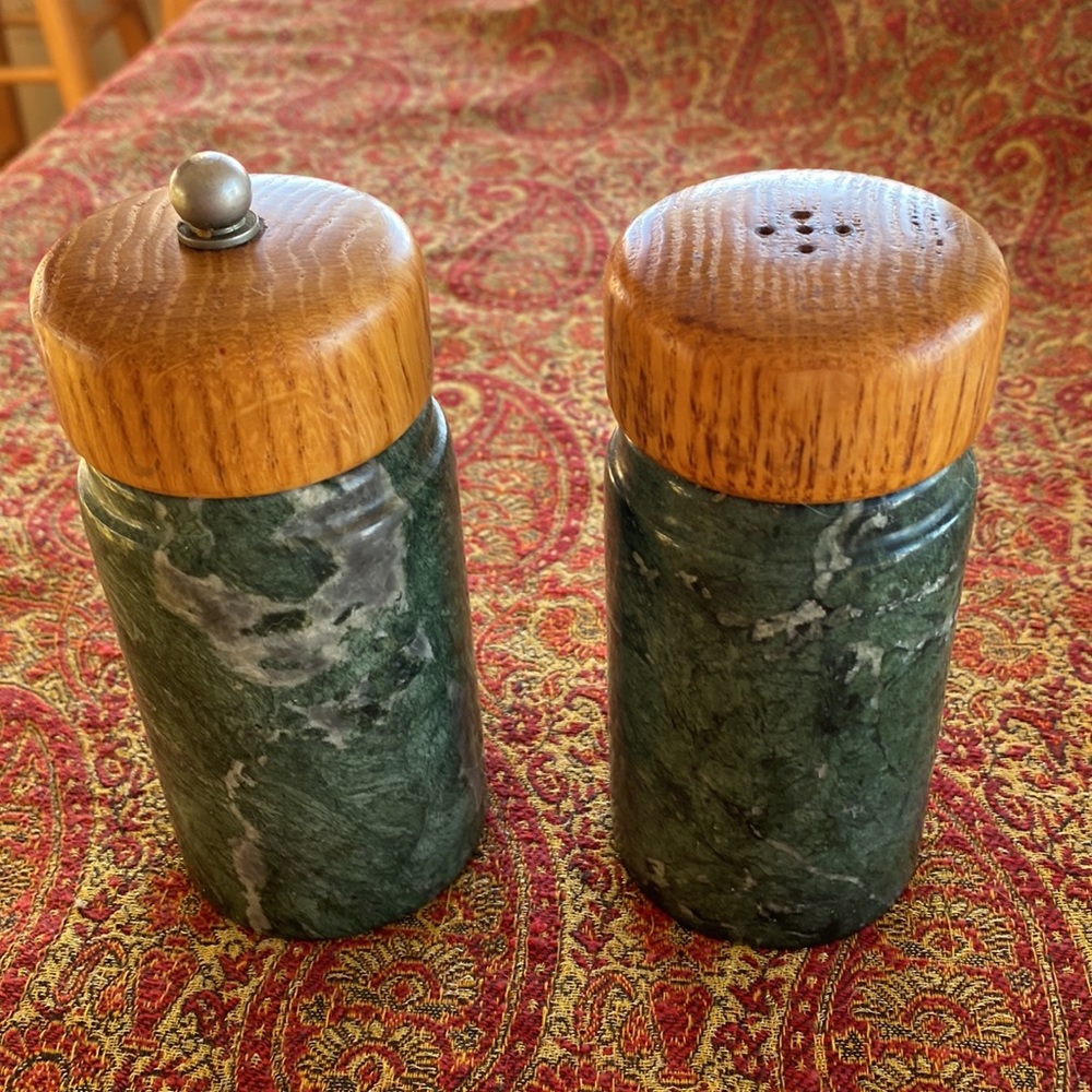 Vintage dark green marble 5” pepper mill & salt shaker set with wooden tops